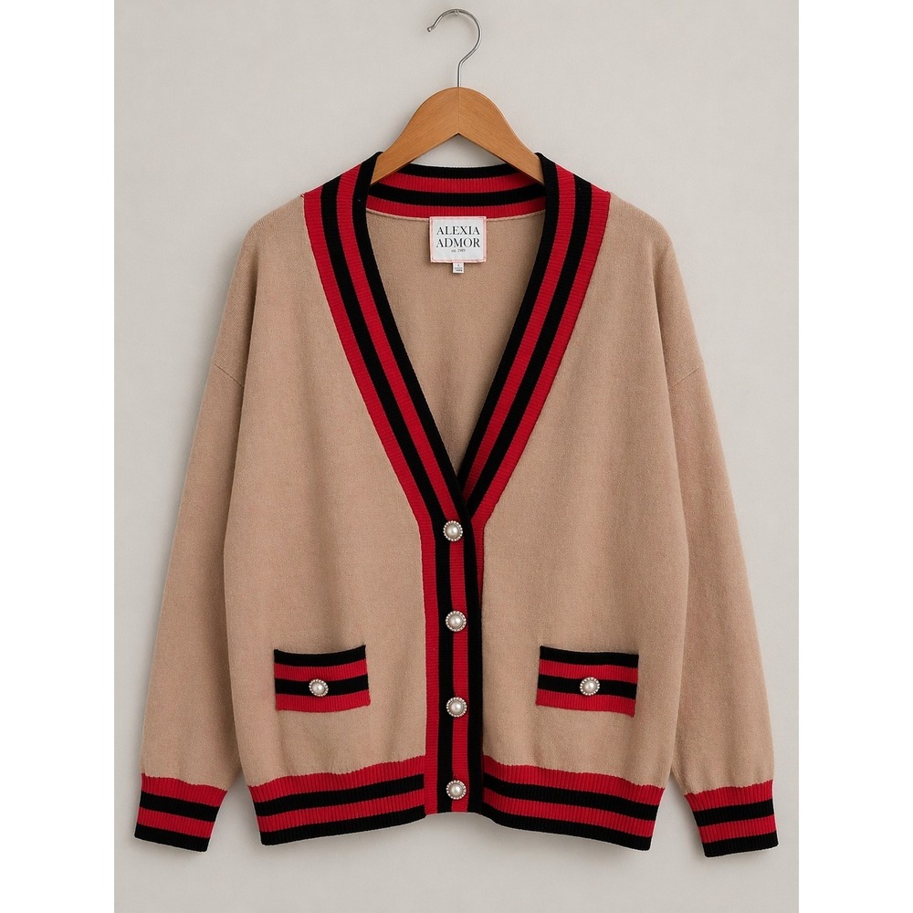 Alexia Admor Women's L Cardigan Camel Pearl Button Old Money Preppy Luxury